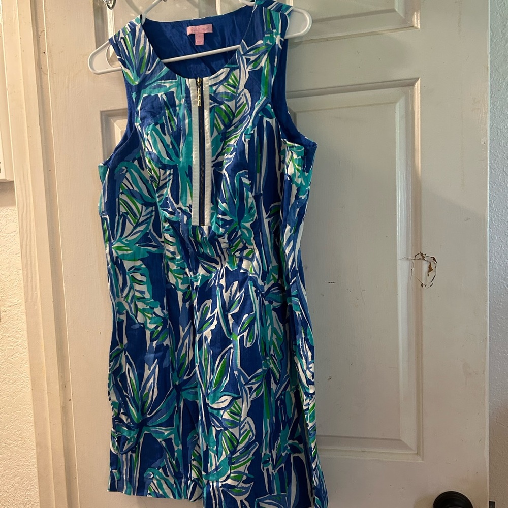 Lilly Pulitzer Blue, Green & White Leaf-Print Sleeveless Mini Dress